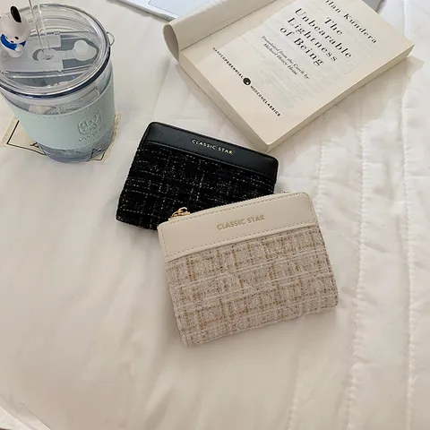 Damen Kurz Tweed PU Leder Brieftasche Gesteppte Reißverschluss Münzbörse Große Kapazität Kartenhalter Elegant Retro Mode Studentin Wallet