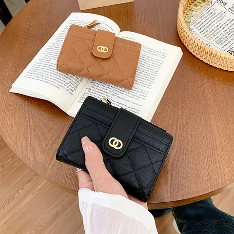 Women Short Wallet PU Leather Quilted Diamond Lattice Card Holder With Zipper Multi-Card Slots Fashion Korean Style Purse