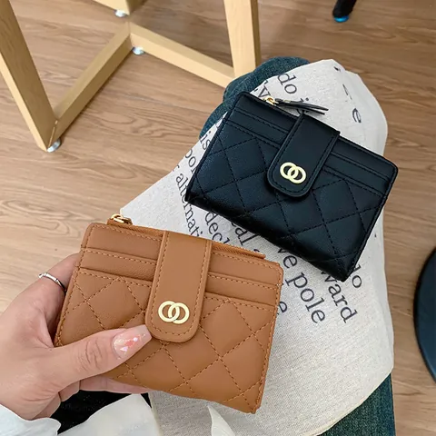 Women Short Wallet PU Leather Quilted Diamond Lattice Card Holder With Zipper Multi-Card Slots Fashion Korean Style Purse