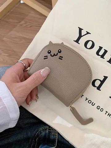 Women Cute Cat Face Embroidered Mini PU Leather Coin Purse Small Wallet With 11 Card Slots Litchi Grain Pattern Zipper Money Bag For Kids
