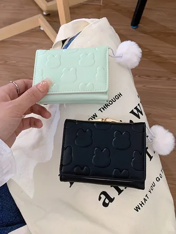 Women's Cute Trifold Short Wallet PU Leather Animal Embossing Small Coin Purse Card Holder With Furry Ball Charm Clutch