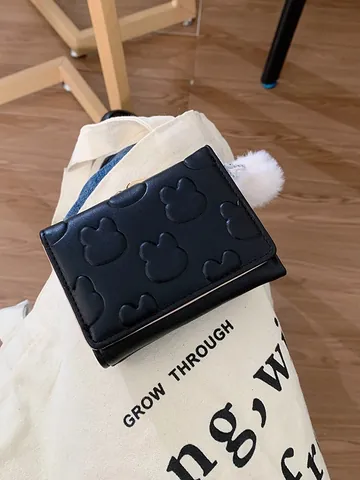 Women's Cute Trifold Short Wallet PU Leather Animal Embossing Small Coin Purse Card Holder With Furry Ball Charm Clutch
