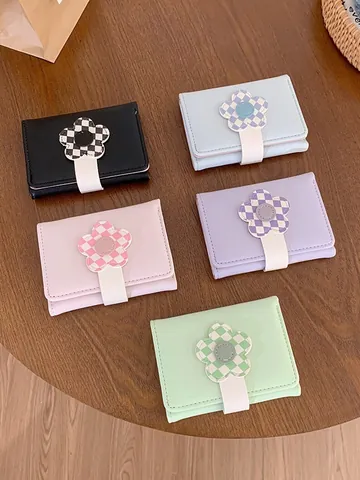 Damen Kurze PU-Leder Brieftasche Schachbrett Blume Dekor Kartenhalter RFID-Schutz Süße Cartoon Geldbörse Täglich Münztasche