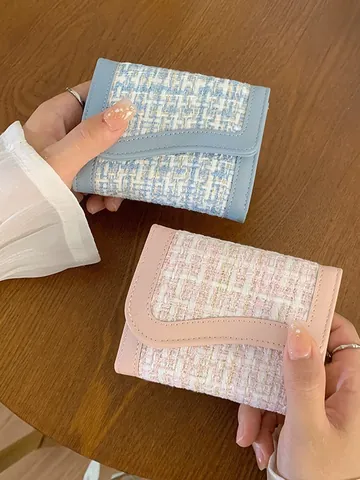 Women Chic Tweed PU Leather Short Wallet Elegant Plaid Tri-fold Purse With Wave Edge Design Card Holder Compact Clutch Bag