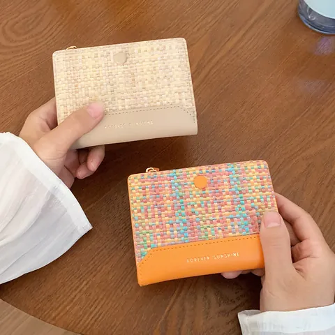 Portafoglio Intrecciato Corto da Donna in Pelle PU Splicing Portamonete con Cerniera Porta Carte Pochette alla Moda Portatile