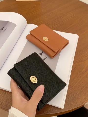 Women Short Trifold Wallet Lychee Grain PU Leather Gold Turn Lock Multi Card Slot Coin Purse Minimalist Daily Bag