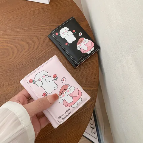 Portefeuille Court pour Femme Imprimé Chien Mignon Pliage en 3 Porte-Cartes en Cuir PU Avec Emplacement Photo Petit Porte-Monnaie Filles