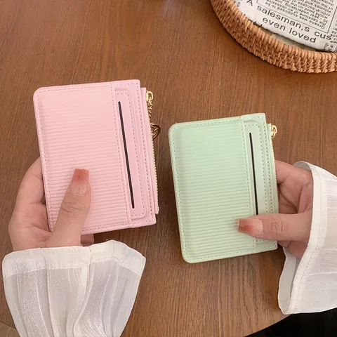 Minimalist PU Leather Card Holder For Women Solid Color Vertical Stripe Zip Wallet With Key Ring Small Coin Purse Pocket