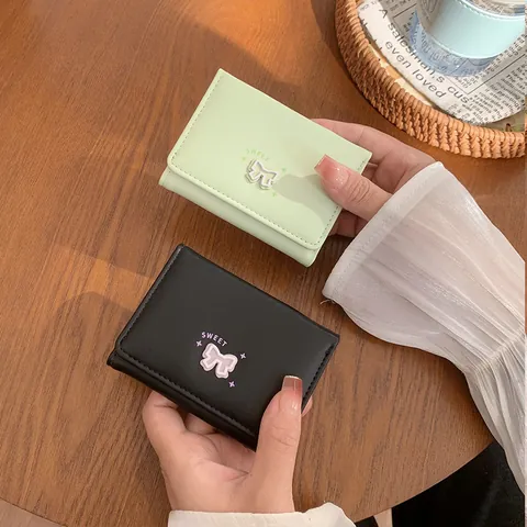 Women's Sweet PU Leather Bowknot Short Trifold Wallet With Multiple Card Slots Student Coin Purse Compact Organizer