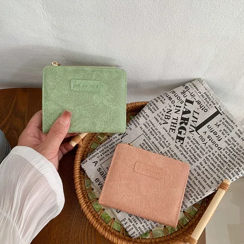 Women Retro PU Leather Short Wallet With Folding Card Holder Zipper Coin Purse Minimalist Letter Print Small Purse For Students Girls