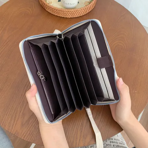 Portafoglio a Fisarmonica con Cerniera Grande Capacità per Donna Stile Giapponese Pelle PU Grana Litchi Porta Carte Lungo Organizer per Passaporto e Documenti con Cinturino da Polso