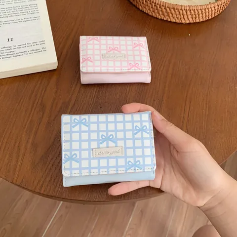 Portafoglio Donna Corto Trifold Pelle PU Quadretti Fiocco Stile Carino Portamonete Porta Carte per Studentesse Uso Quotidiano