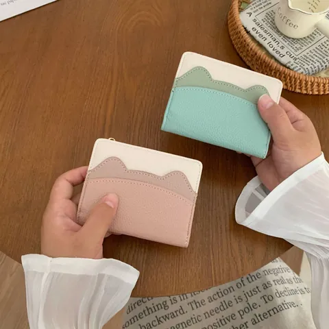 Cartera de Mujer Delgada de Cuero PU Bloque de Color Diseño de Orejas de Gato y Ondas Tarjetero Elegante Pequeño
