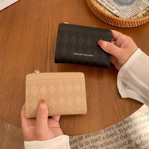 Portafoglio da Donna in Pelle PU Trapuntata a Rombi Stampa di Lettere Portamonete Con Zip Piccolo Portacarte Portafoglio Corto Quotidiano da Donna