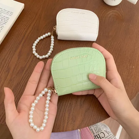 Women Crocodile Pattern Semi-Circle Card Holder Elegant PU Leather Wallet With Artificial Pearl Handle Zipper Coin Purse Organizer
