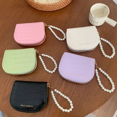 Women Crocodile Pattern Semi-Circle Card Holder Elegant PU Leather Wallet With Artificial Pearl Handle Zipper Coin Purse Organizer
