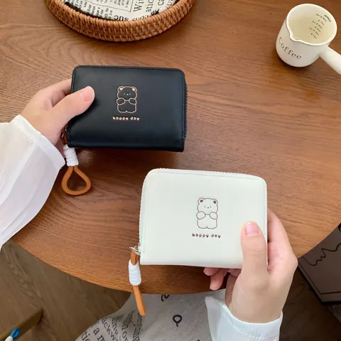 Cute Cartoon Bear Pattern Short PU Leather Wallet For Women Minimalist Korean Style Bifold Coin Purse Multi-Functional Small Card Holder With Lanyard