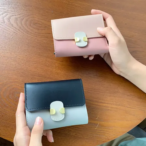 Women Short Wallet PU Leather Color Block Folding Card Holder Compact Coin Purse With Zipper Pocket Fashion Purses For Lady
