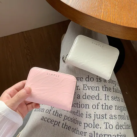 Women Minimalist Crinkled PU Leather Card Holder Wallet With Heart Charm Metal Zipper RFID Blocking Bellows Style Mini Purse
