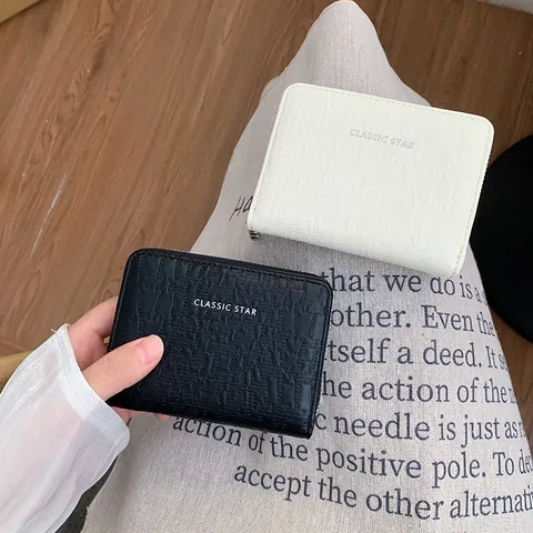 Women's Classic Star Letter Print Short Wallet PU Leather Grained Zip Around Wallet With RFID Blocking Card Holder Coin Purse