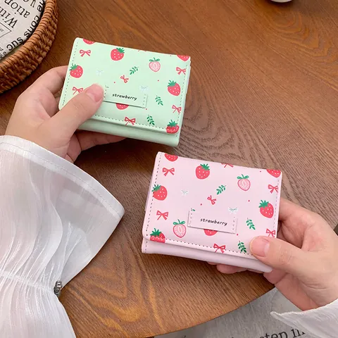 Women Trifold Short Wallet PU Leather Strawberry Bow Print Large Capacity Student Card Holder Mini Coin Purse Daily Pocket Wallet