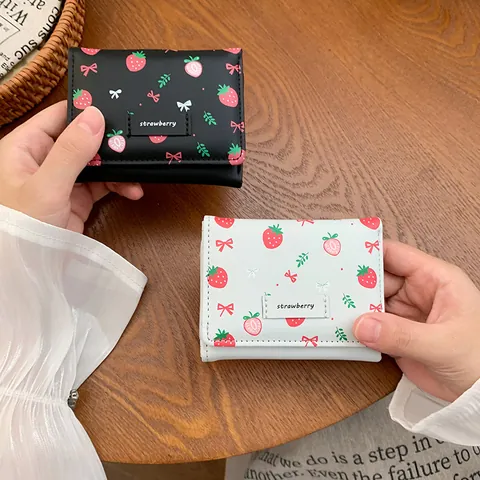 Women Trifold Short Wallet PU Leather Strawberry Bow Print Large Capacity Student Card Holder Mini Coin Purse Daily Pocket Wallet