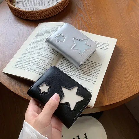 Cartera Pequeña Minimalista de Cuero PU con Cremallera para Mujer Patrón de Estrellas Tarjetero de Acordeón Monedero Diario