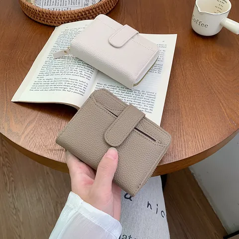 Damen Kleine Geldbörse Hochwertiges PU Leder Gekörnt Kartenhalter Minimalistisch Mehrere Fächer Reißverschluss Druckknopf