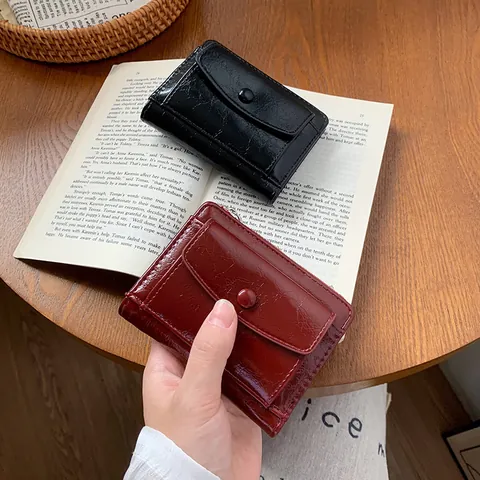 Women Mini PU Leather Wallet Zipper Snap Button Short Purse Card Holder Small Clutch Retro Solid Color Oil Wax Pocket Bag