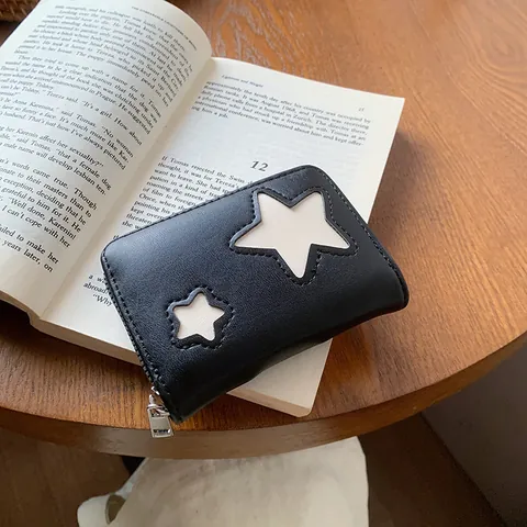 Cartera Pequeña Minimalista de Cuero PU con Cremallera para Mujer Patrón de Estrellas Tarjetero de Acordeón Monedero Diario