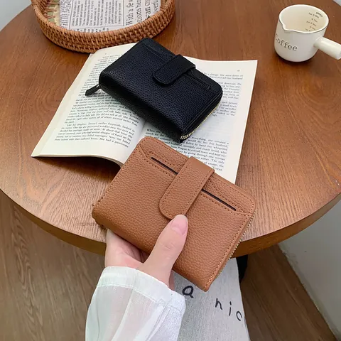Damen Kleine Geldbörse Hochwertiges PU Leder Gekörnt Kartenhalter Minimalistisch Mehrere Fächer Reißverschluss Druckknopf