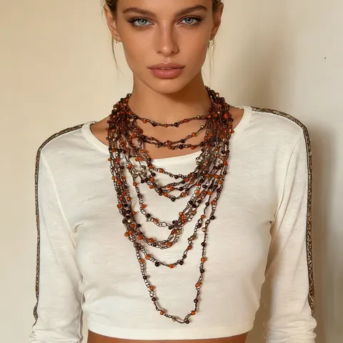 Bohemian Multi-Layer Beaded Necklace Vintage Handmade Braided Cord Necklace With Plastic Beads For Women Vacation Jewelry Gift