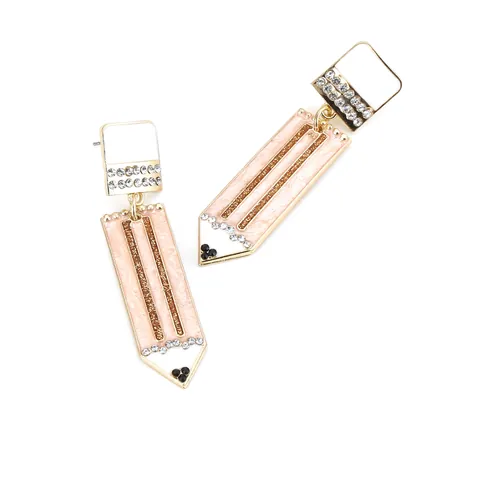 Creative Pencil Shaped Dangle Earrings Zinc Alloy Enamel Rhinestone Inlaid Back To School Fashion Jewelry For Women Girls