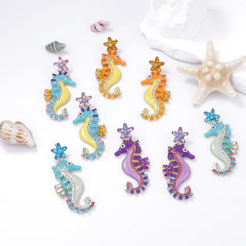 Fashion Personality Alloy Seahorse Enamel Rhinestone Dangle Earrings Ocean Style Flower Starfish Earrings Jewelry For Women