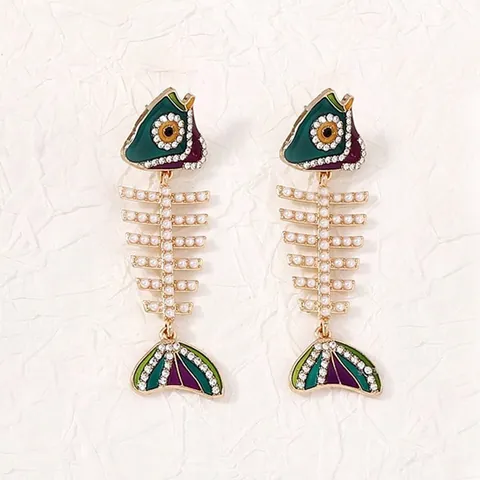 Pendientes Colgantes Creativos de Aleación con Espina de Pescado de Brillantes de Colores para Mujer Joyería de Esmalte Vintage