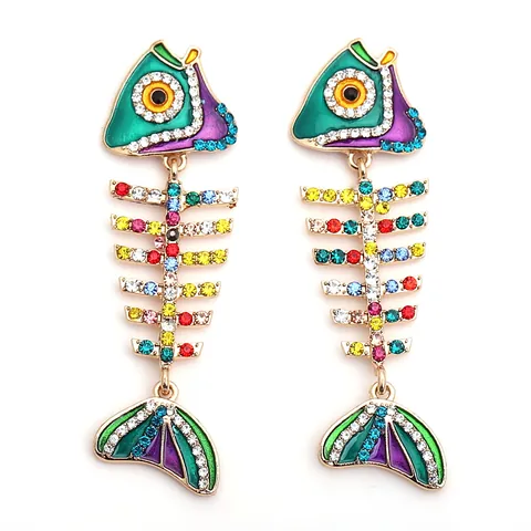 Pendientes Colgantes Creativos de Aleación con Espina de Pescado de Brillantes de Colores para Mujer Joyería de Esmalte Vintage