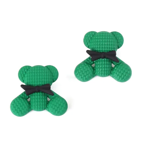 Orecchini a Bottone in Lega di Zinco a Forma di Orso Verde Con Fiocco Nero Trama a Nido d'Ape Per Donna Gioielli di Moda