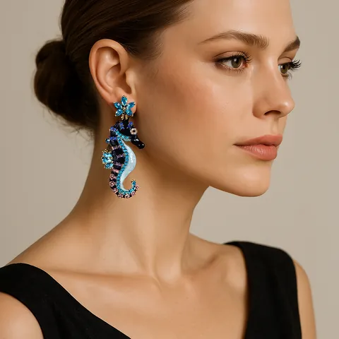 Fashion Personality Alloy Seahorse Enamel Rhinestone Dangle Earrings Ocean Style Flower Starfish Earrings Jewelry For Women