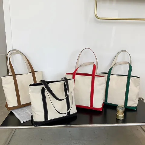Women Casual Canvas Tote Bag Large Capacity Contrast Color Minimalist Shoulder Handbag For Commuting Daily School Shopping