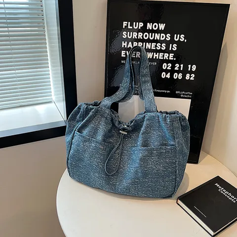 Sac Cabas en Nylon pour Femmes Grande Capacité Texture Neige Cordon de Serrage Sac à Bandoulière Urbain Simple Décontracté Fourre-tout Avec Surpiqûres
