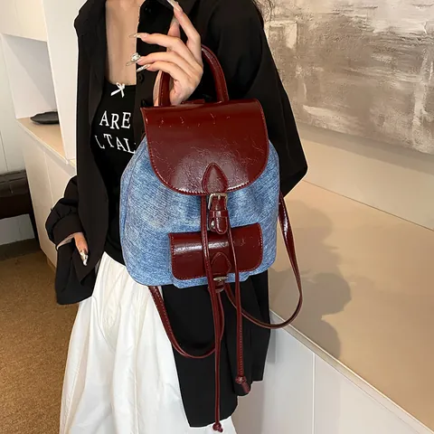 Mini Mochila Retro para Mujer Denim Cuero PU Patchwork Color de Contraste Estilo Coreano Moda Cordón Bolso Casual