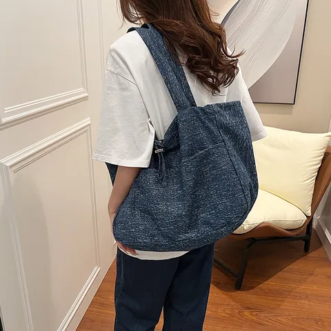 Sac Cabas en Nylon pour Femmes Grande Capacité Texture Neige Cordon de Serrage Sac à Bandoulière Urbain Simple Décontracté Fourre-tout Avec Surpiqûres