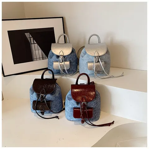 Mini Mochila Retro para Mujer Denim Cuero PU Patchwork Color de Contraste Estilo Coreano Moda Cordón Bolso Casual