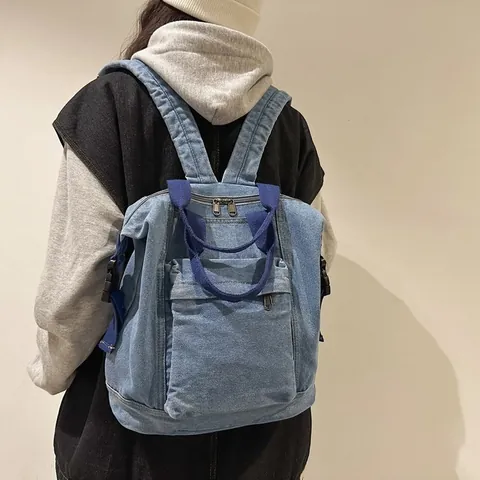 Japanischer Stil Gewaschener Denim Canvas Rucksack Für Damen Herren Retro Plissee Große Kapazität Tote Bag Casual Täglich Reise Schule Rucksack