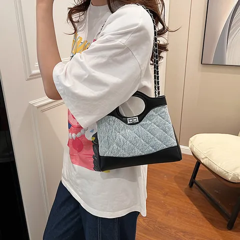 Bolso Cubo Acolchado de Mezclilla y Cuero PU para Mujer Rombo Empalme Cadena Bolso de Hombro Retro Casual Crossbody para Verano