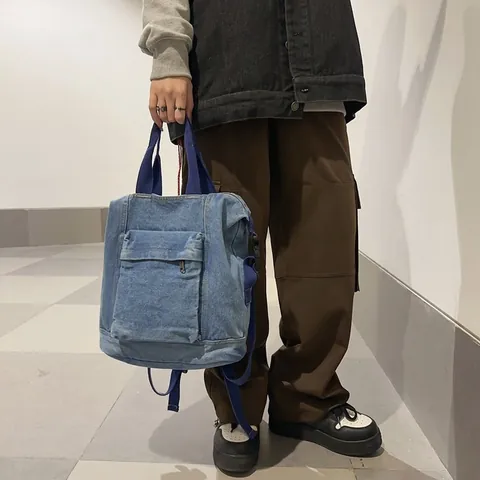 Japanischer Stil Gewaschener Denim Canvas Rucksack Für Damen Herren Retro Plissee Große Kapazität Tote Bag Casual Täglich Reise Schule Rucksack