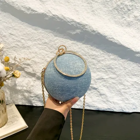 Dames Ronde Pailletten Denim Avondtas Met Strass Ring Handvat Metalen Ketting Mode Bal Clutch Handtas Voor Feest
