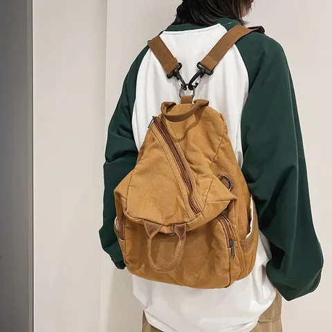 Large Capacity Washed Canvas Backpack For Men Women Solid Color Multi-Pocket Casual Shoulder Crossbody Bag School Bag