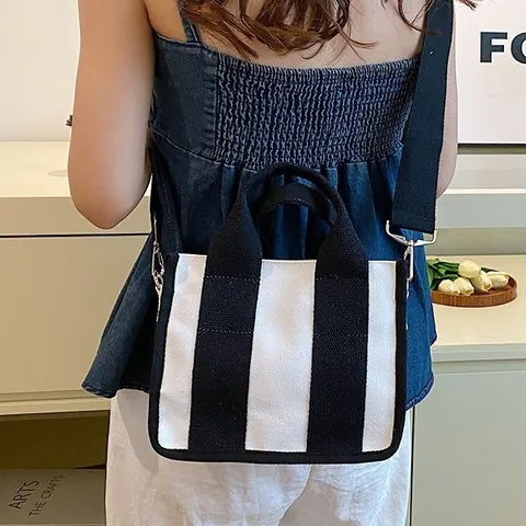 Women Contrast Color Canvas Tote Bag Stylish Square Lunch Box Handbag With Adjustable Wide Webbing Shoulder Strap For Casual Daily Use