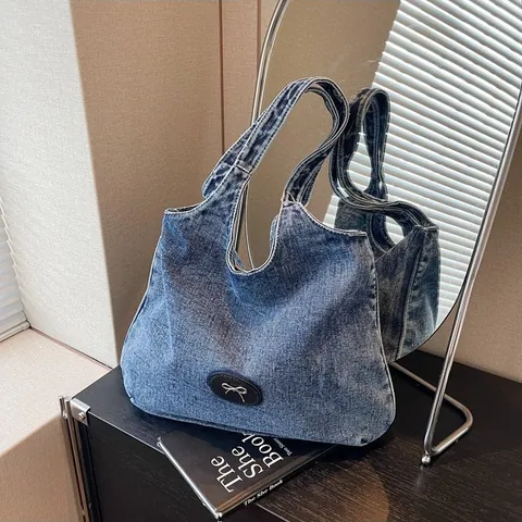 Vintage Washed Denim Tote Bag For Women Large Capacity Shoulder Bag With Stylish Bow Decoration Casual Travel Hobo Handbag